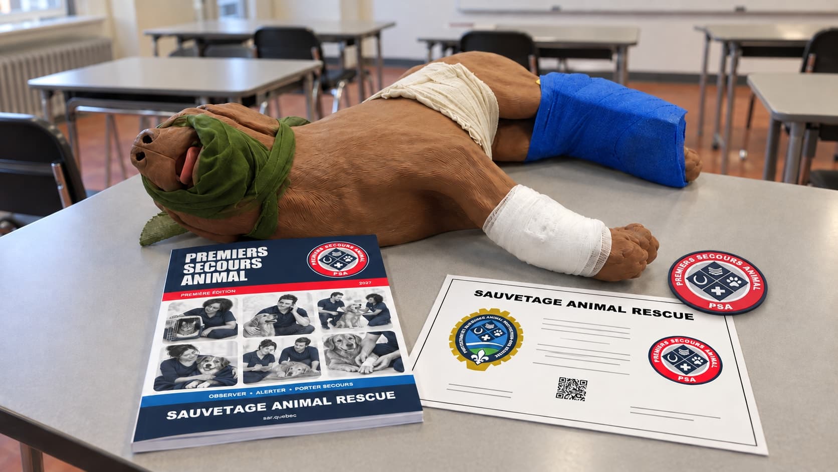 Manuel, certificat, mannequin et écusson de Premiers Secours Animal disposés dans une salle de formation